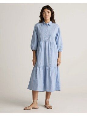 Quince Womens Organic Cotton Poplin Midi Tunic Dress Tribeca Stripe Blue Size L
